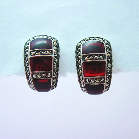 Red Enamel 3-Window Earrings with Marcasite